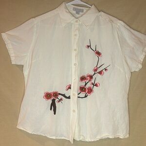 Women’s Linen Button Down Blouse. Bogari. Embroidered details with stones